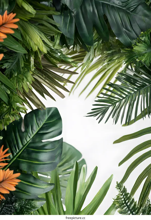 Green Leaves Border on White Background