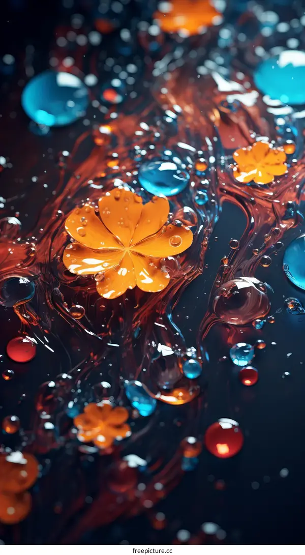 3D rendering of orange flower in blue and red fluid