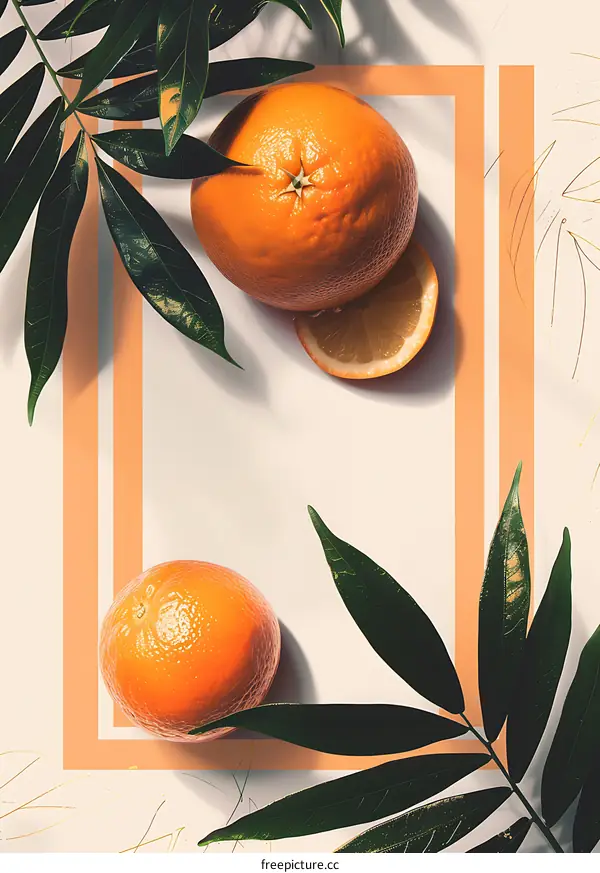 Fresh Oranges With Green Leaves on a White Background
