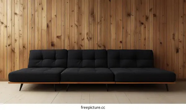 Modern Minimalist Black Sofa Against Wooden Wall