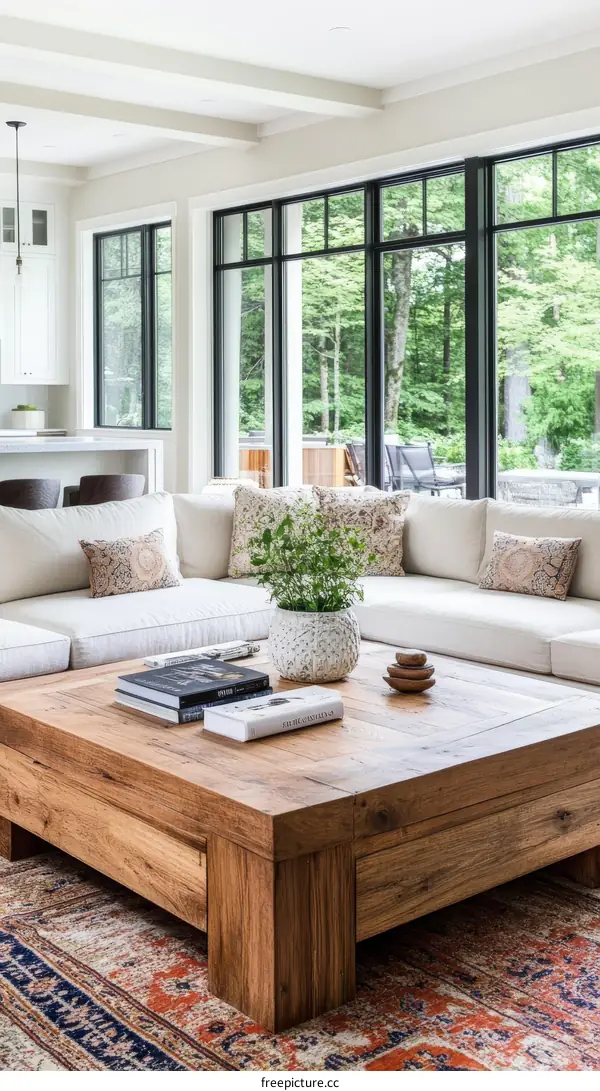 Modern Rustic Living Room with Large Wooden Coffee Table