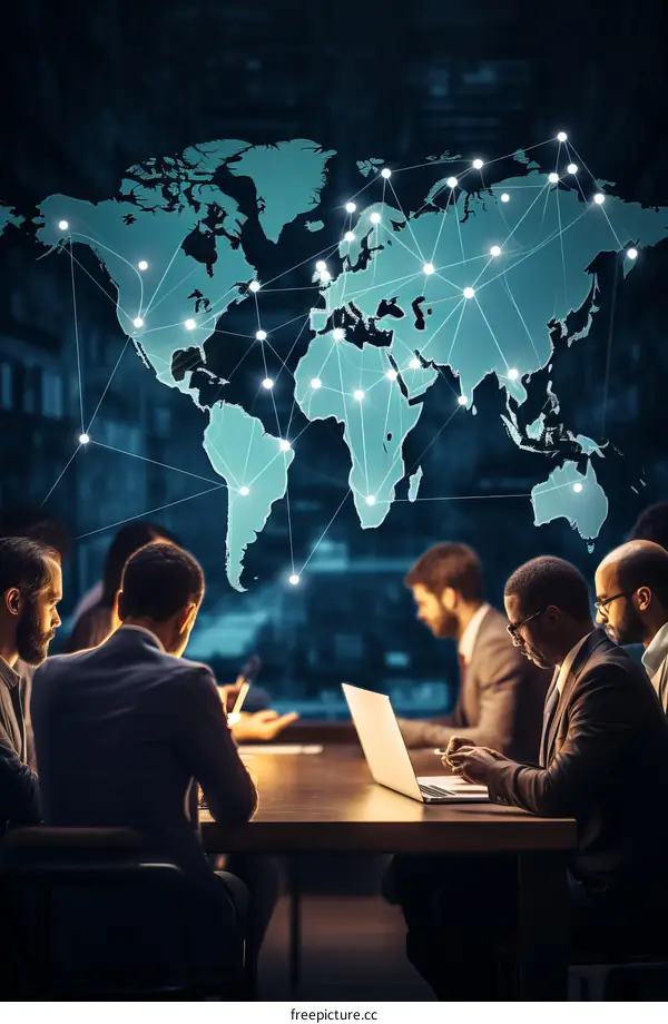 Group of business people discussing global business strategy in a conference room.