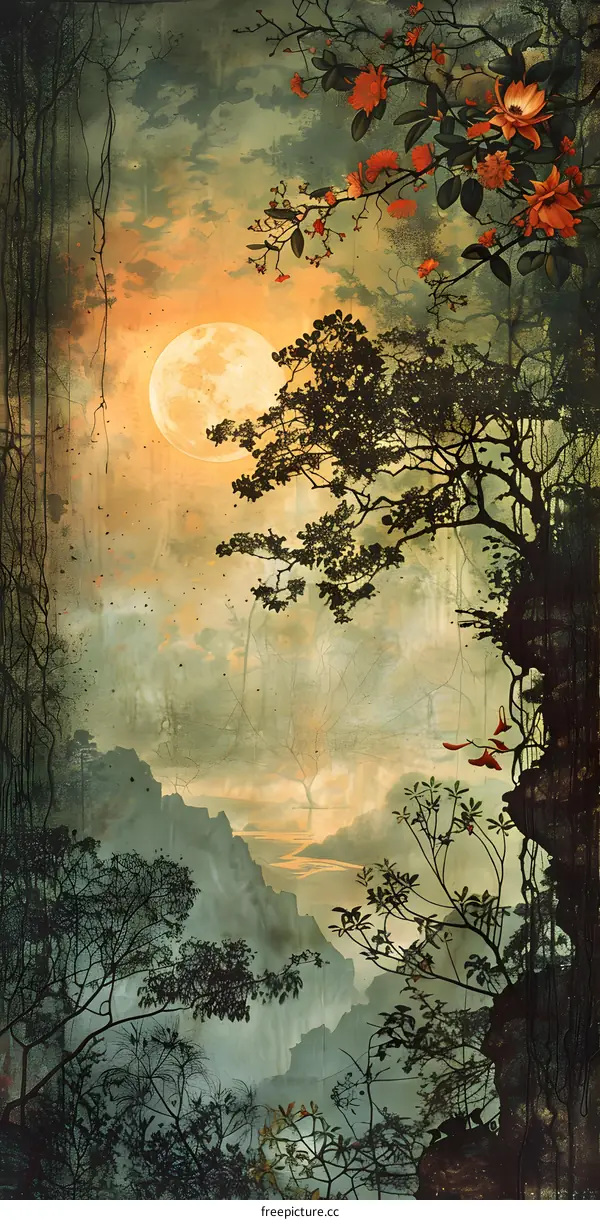 Moonlit Valley with Red Flowers