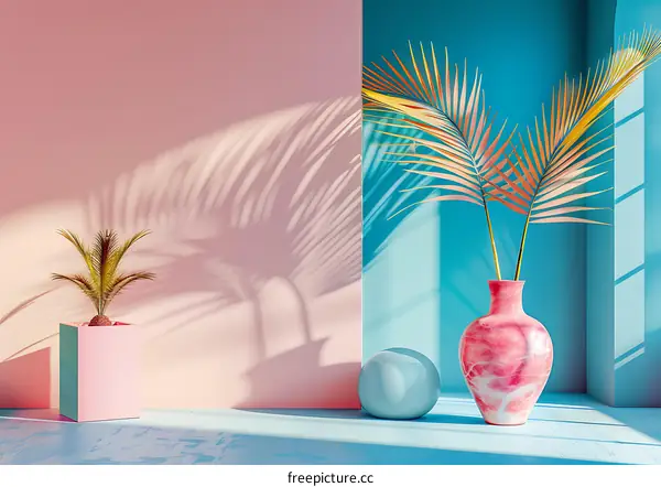 Minimalist Summer Aesthetic with Palm Leaves and Pink Vase