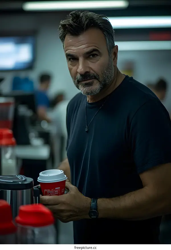 Man Holding a Cup of Coffee at a Coffee Shop