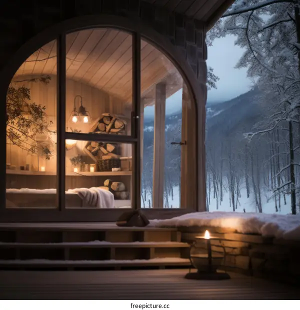 Wooden house in snowy forest