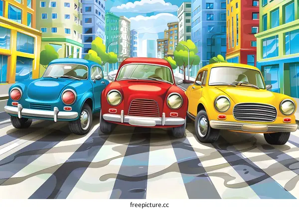 Three Vintage Cars on a Crosswalk in the City