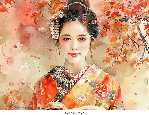 A beautiful Japanese woman in a kimono standing in a field of red maple leaves.