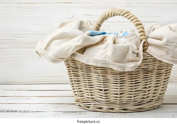 Wicker Basket with Linen Cloth on White Wooden Background