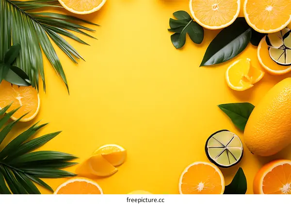 Tropical Fruit Flat Lay with Palm Leaves on Yellow Background