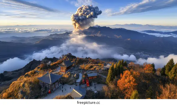 Volcanic Eruption Over Mountainous Landscape with Temples