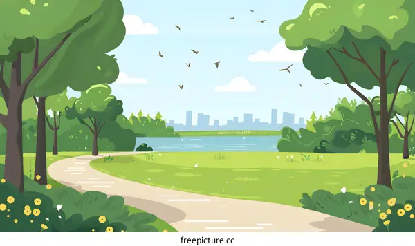 Green Park Landscape Illustration With City Skyline