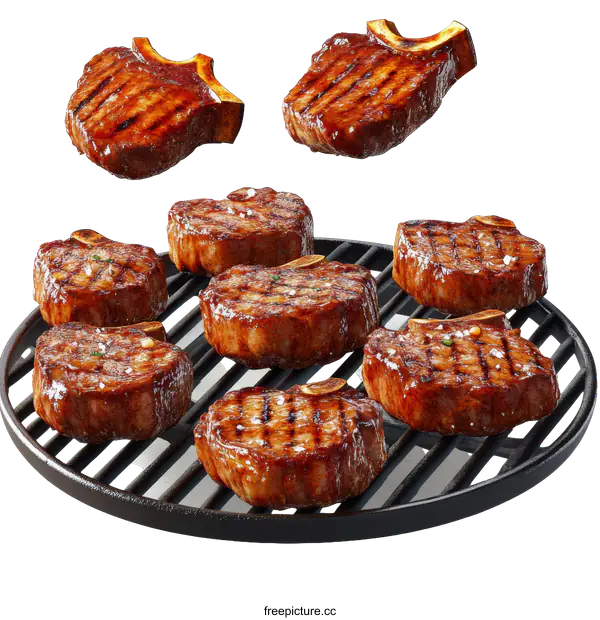 [Transparent Background PNG]Grilled Pork Chops on a Round Grill