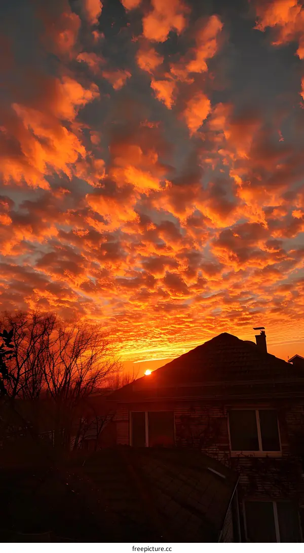 Fiery Sky at Sunset Over a House