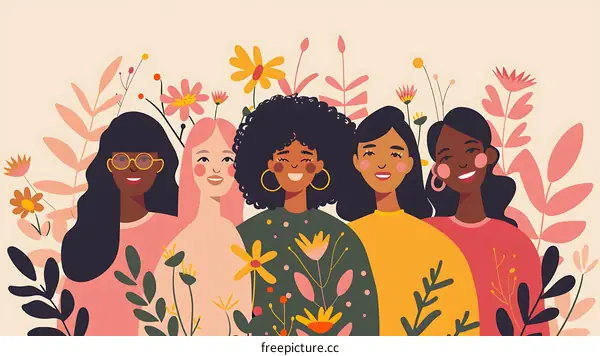 Five Diverse Women Smiling Together in a Floral Setting