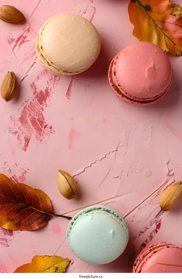 Pink Background with Macarons and Almonds
