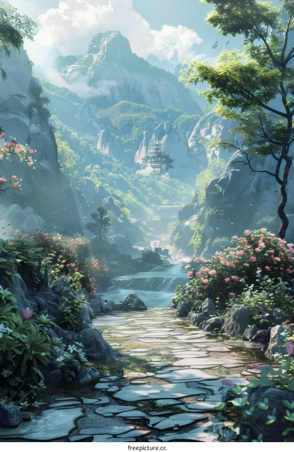 Fantasy landscape with a river and mountains