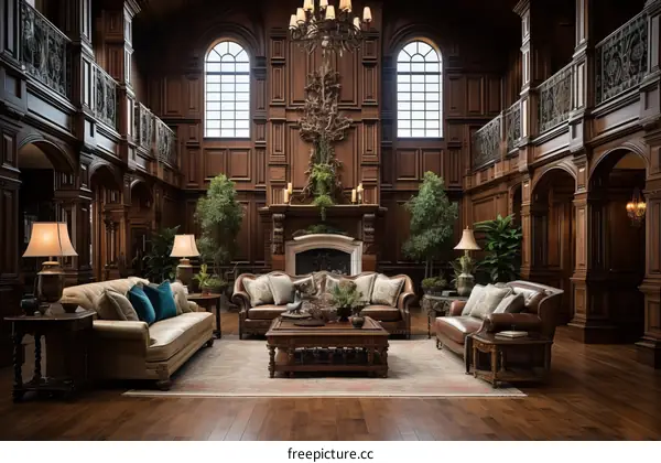 A wooden living room with a fireplace and a tree carving