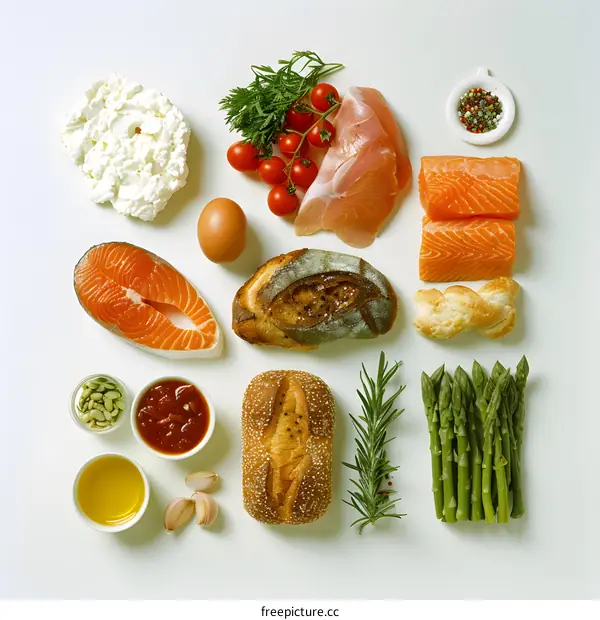 Food assortment on white background