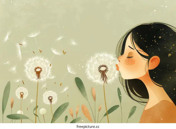 girl blowing dandelion seeds