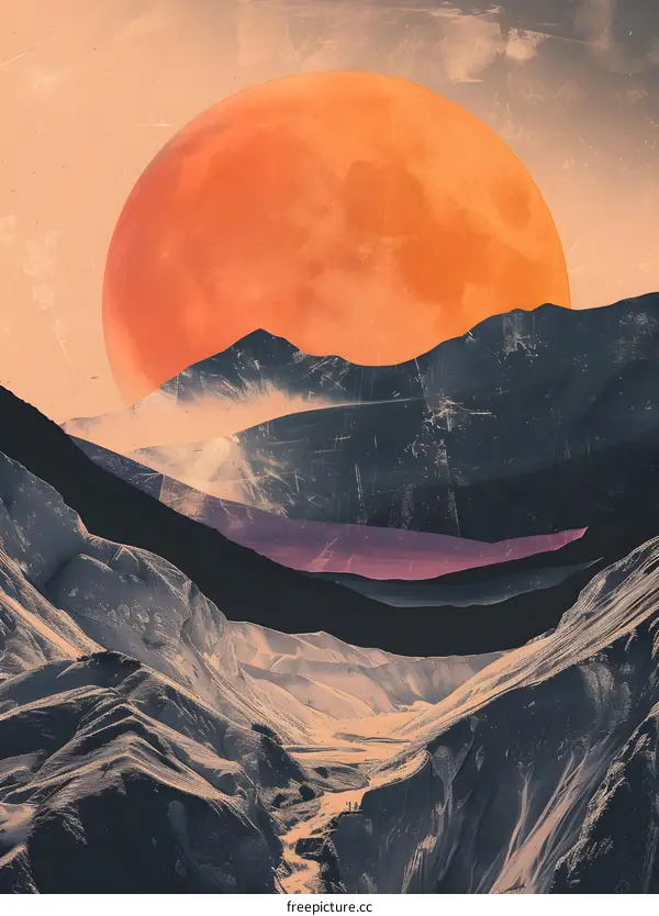 Mountain Range With Big Orange Sun In The Sky