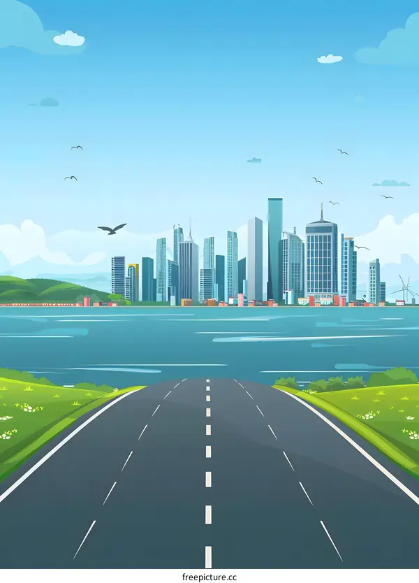 Road Leading to City Skyline Illustration