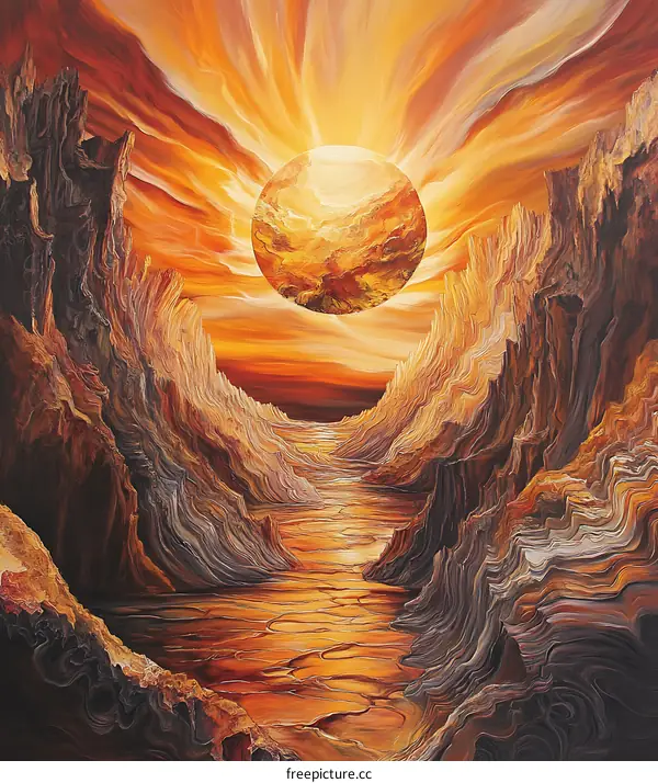 Abstract Painting of a Canyon Landscape with a Golden Sun