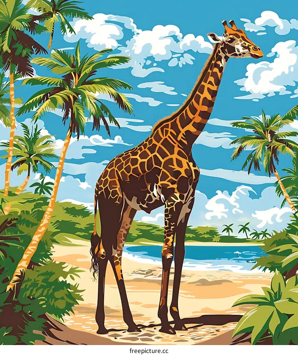 Giraffe on the Tropical Beach Illustration