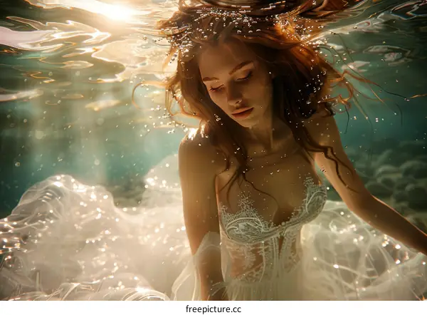 A Bride in a White Dress Underwater