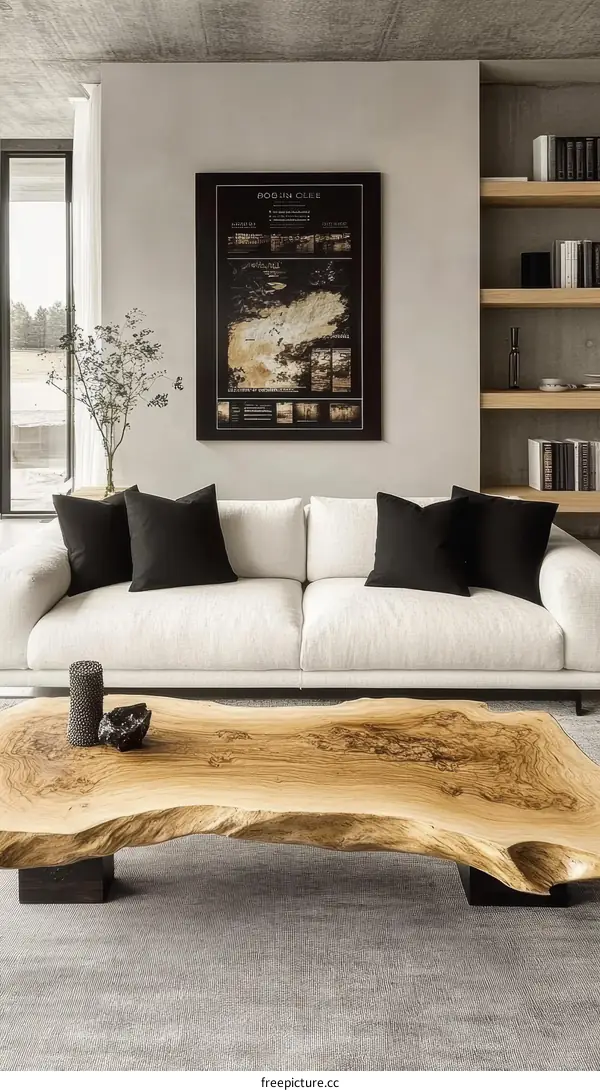 Modern Living Room with Unique Wooden Coffee Table and Wall Decor