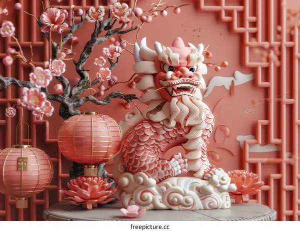 Pink Chinese Dragon Statue with Peach Blossoms and Lanterns