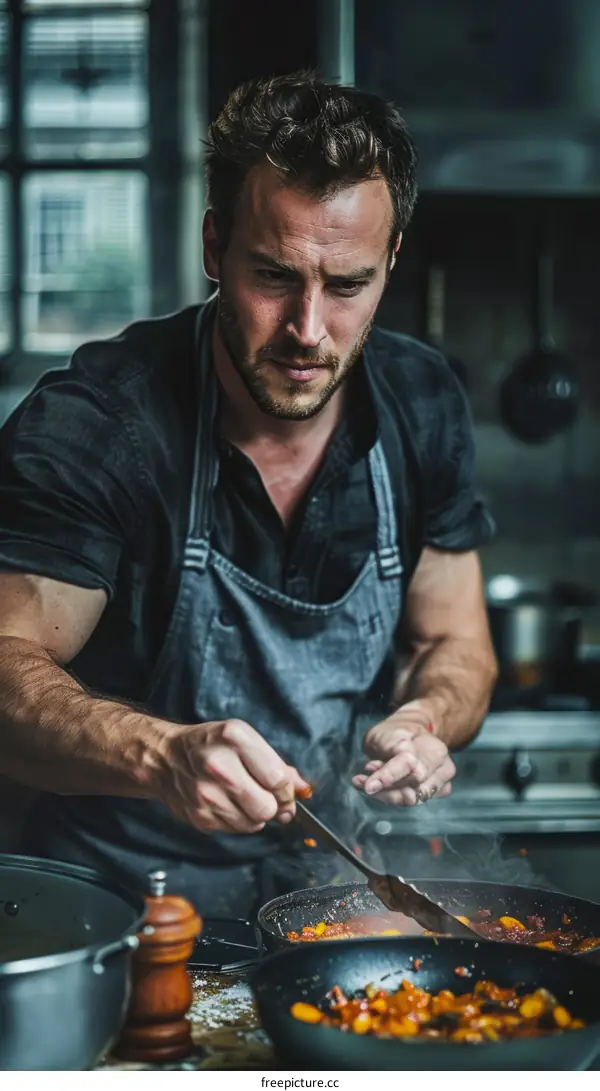 Focused male chef cooking in a restaurant kitchen