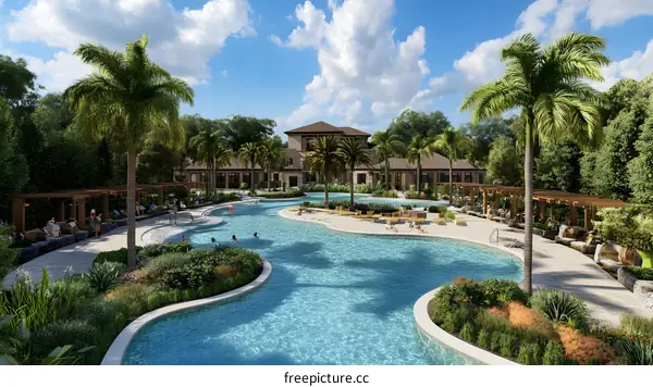 Luxury Resort Pool With Palm Trees And Cabanas