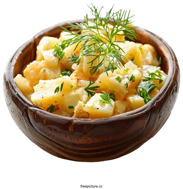 [Transparent Background PNG]Potato salad with dill and parsley in wooden bowl