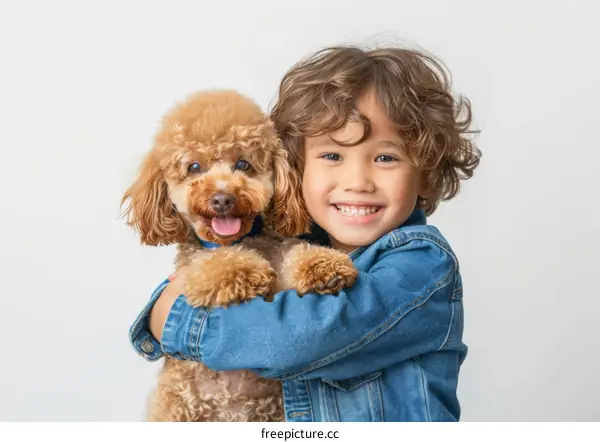A boy is hugging a poodle