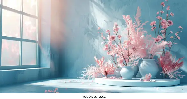 Pastel Pink Floral Arrangement in a Light Blue Room