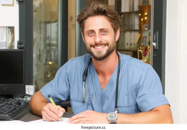 Caucasian Male Doctor Working at Desk