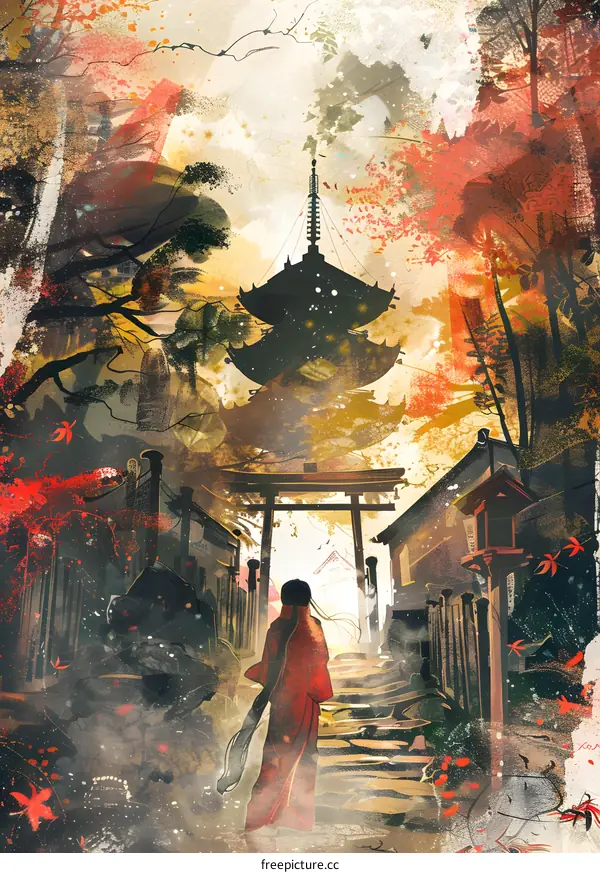 Woman in Red Kimono Walking Towards Japanese Pagoda