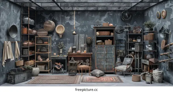 A Collection of Vintage and Antique Items Displayed in a Rustic Room