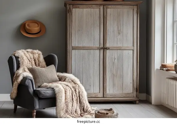Cozy Vintage Room with Wooden Wardrobe and Armchair
