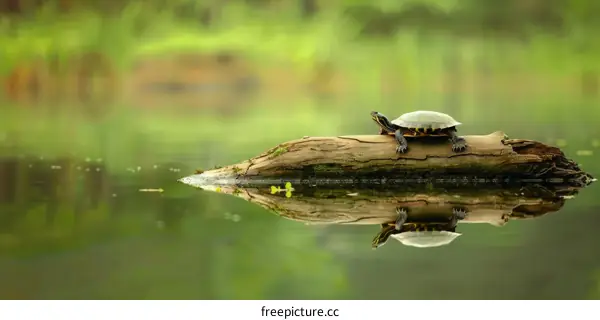 A Turtle Sunbathing on a Log Amidst a Scenic Lake