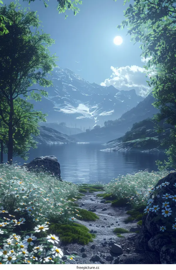 Mesmerizing Mountain Lake with Blooming Daisies in Spring