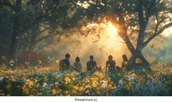 A group of friends camping in a forest