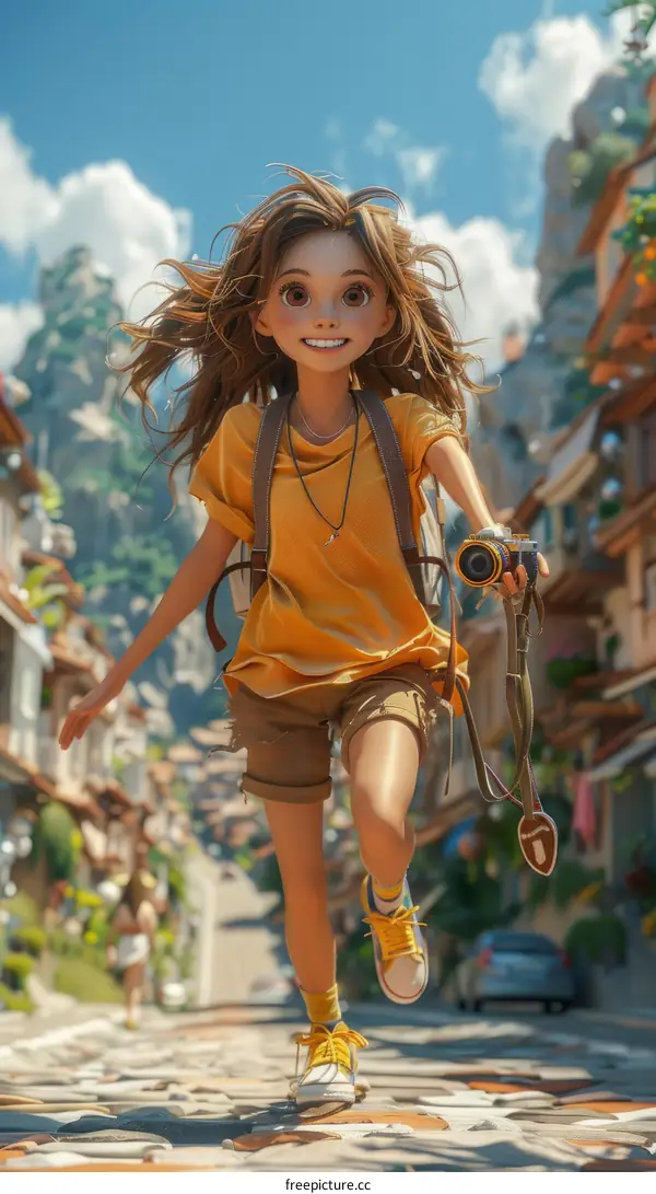 An illustration of a girl with a camera running down a street
