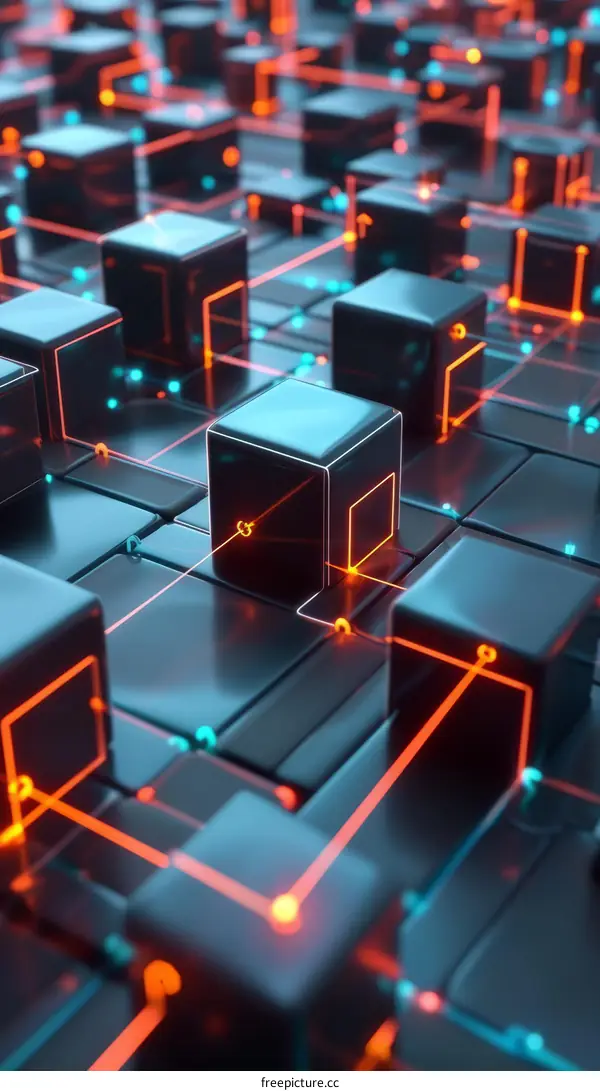 3D Glowing Abstract Network Illustration of Black Cubes and Orange and Blue Code Lines