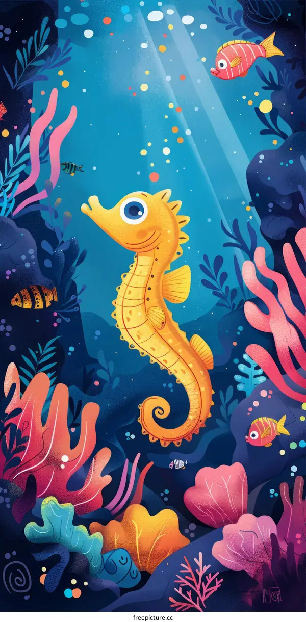 Illustration of a yellow seahorse swimming in a coral reef sea