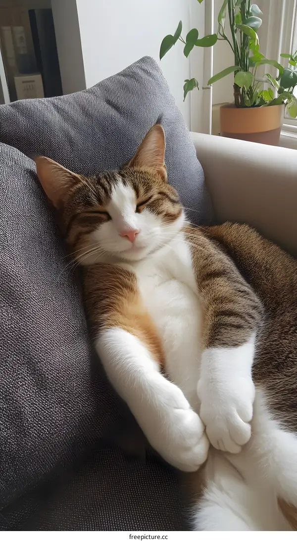 Cute Sleeping Cat on Sofa Pillow