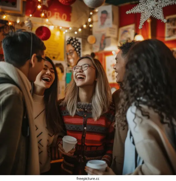 Four multiethnic friends laughing and talking in a cafe