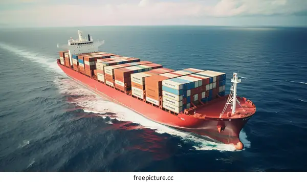 A large container ship is sailing in the ocean.