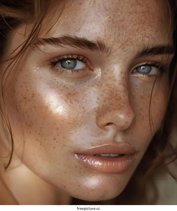 Close-up portrait of a young woman with freckles
